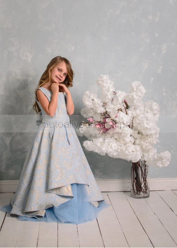 Sky Blue Jacquard Tulle Keyhole Back Flower Girl Dress